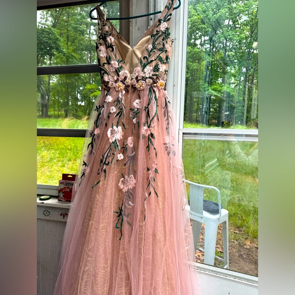 Mac Duggal Pink floral appliqué fairy ethereal prom dress tulle  beaded size 4 S